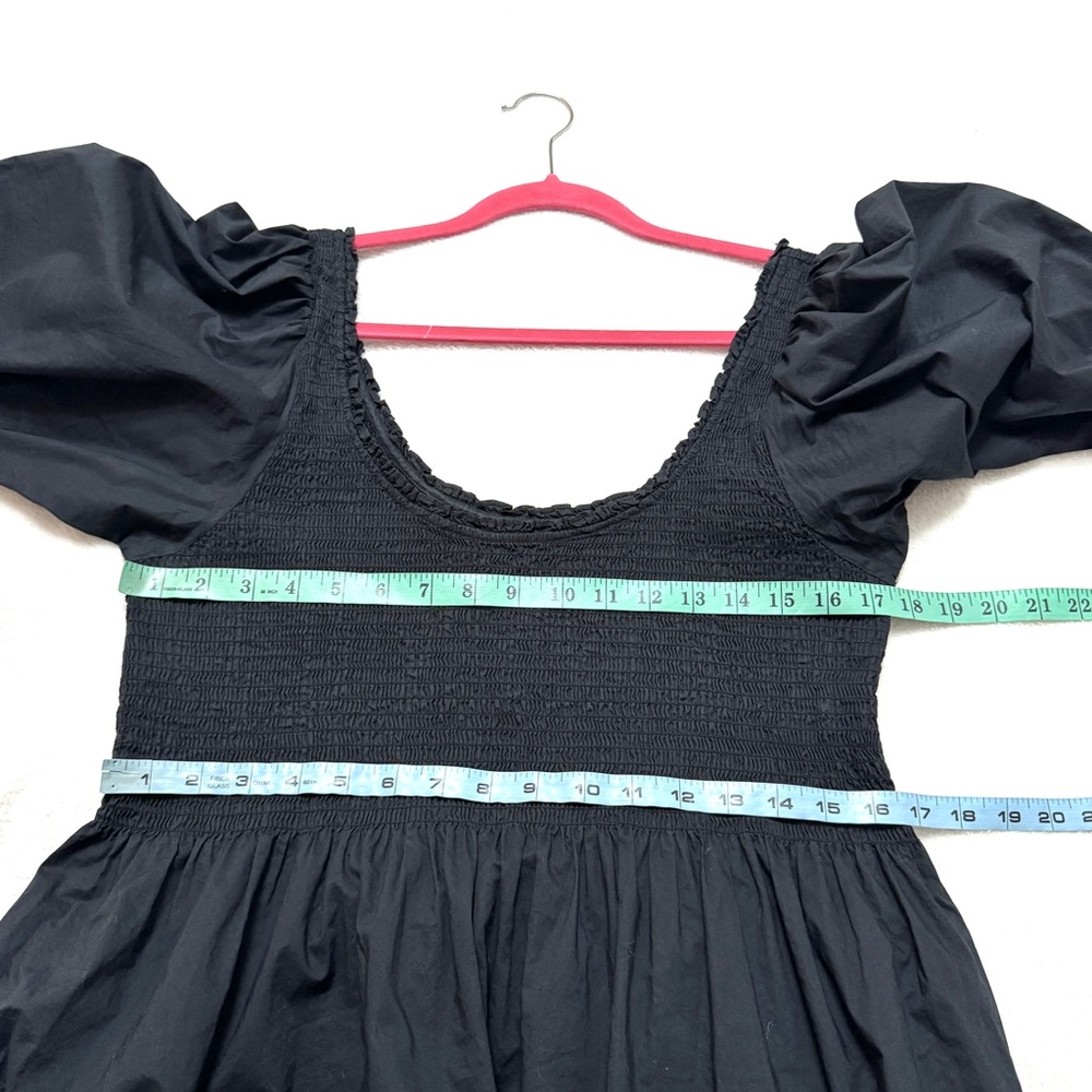 Black Smocked Midi Dress with Puff Sleeves - Picture 7 of 10